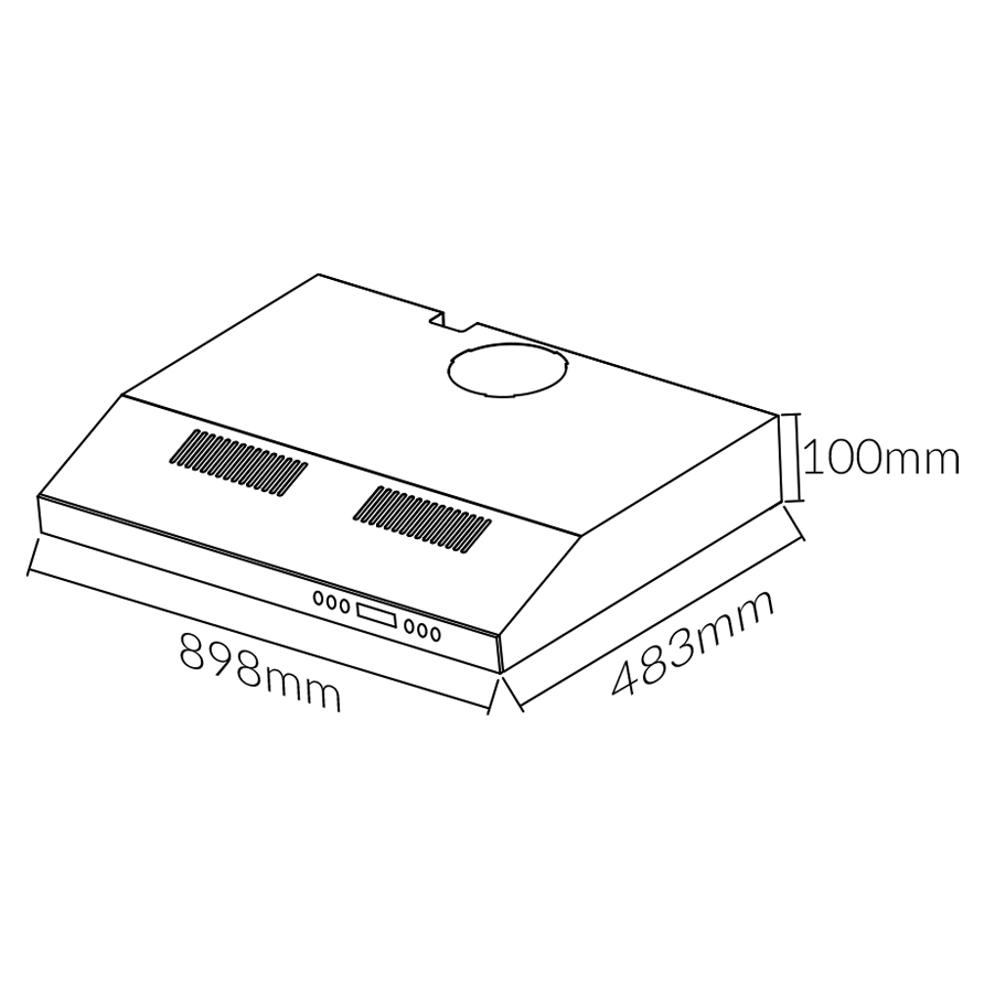 Angled schematic of a kitchen range hood with front controls, vent slots, and dimensions: 898mm wide, 483mm deep, 100mm tall.