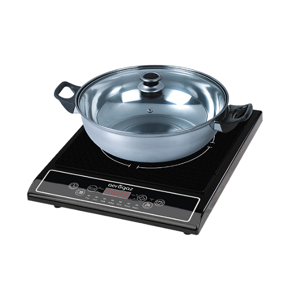Portable induction cooktop with a stainless steel pot and glass lid on the burner, ready for cooking.