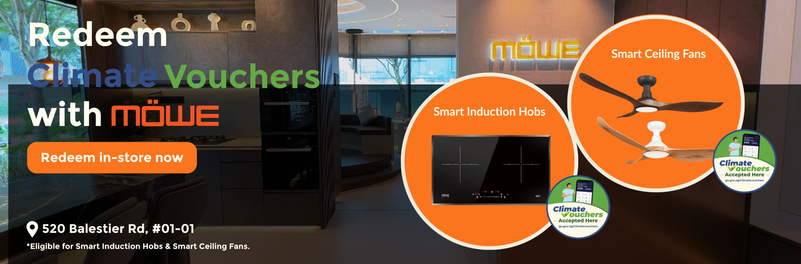 Promotional banner for Redeem Climate Vouchers at Möwe, featuring in-store redemption and product circles (induction hobs, ceiling fans). Address 520 Balestier Rd.