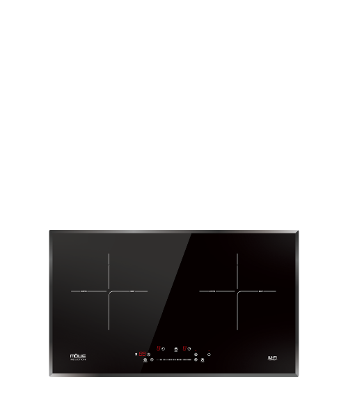 Black glass induction cooktop with two cooking zones and touch controls