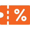 Orange discount coupon icon with a perforated edge and percent symbol indicating a sale discount