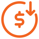 Orange money-back icon: a dollar sign inside a circular arrow, indicating refund or cashback