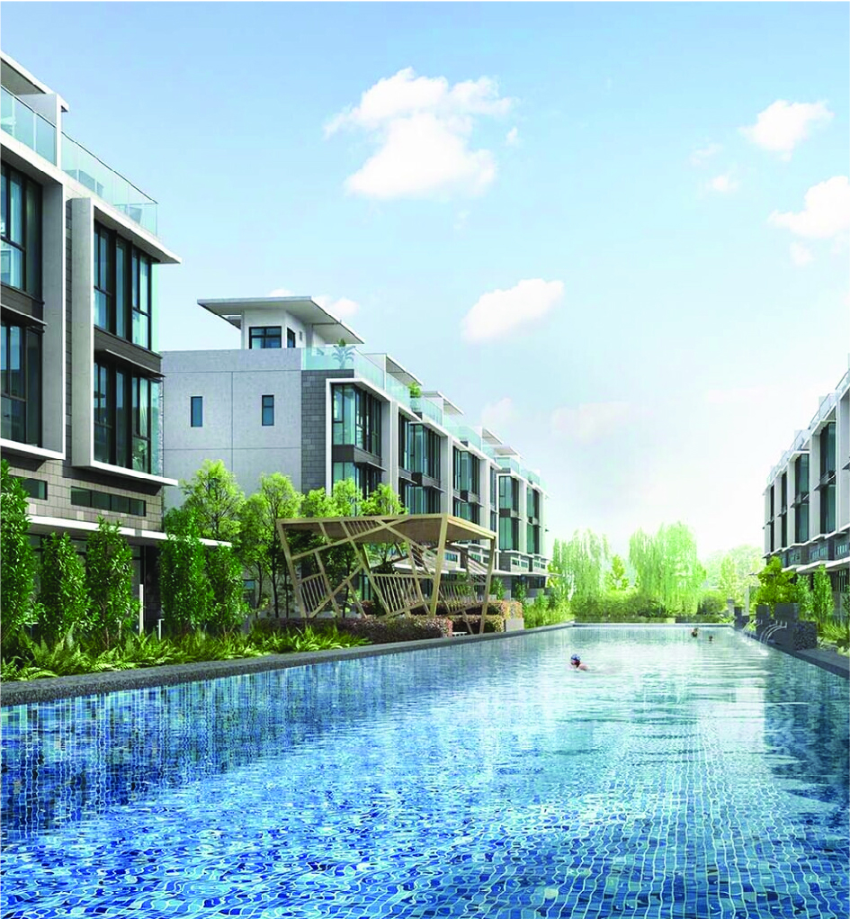 Modern residential complex with a long blue swimming pool, glass-fronted buildings, and lush greenery under a clear sky.