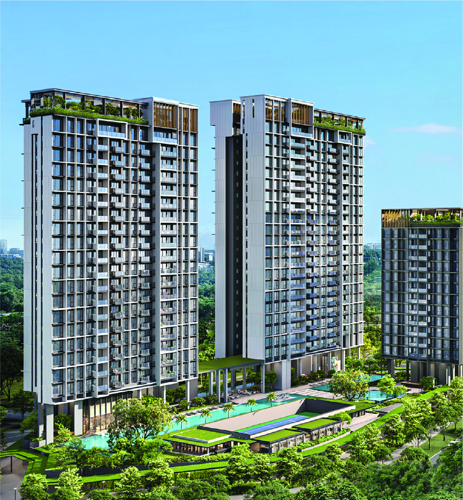 Modern residential complex featuring three tall towers with glass balconies and rooftop greenery set in a landscaped area.