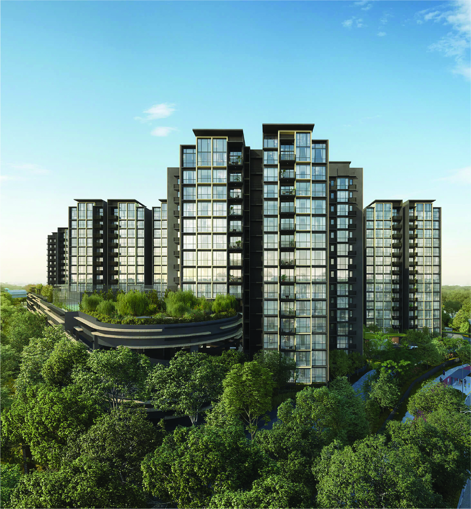 Modern glass apartment complex surrounded by trees and greenery under a clear blue sky.