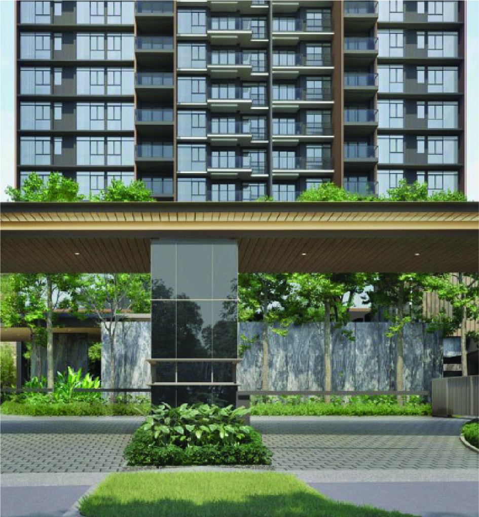 Modern high-rise apartment building with a covered entrance and landscaped greenery in the foreground.