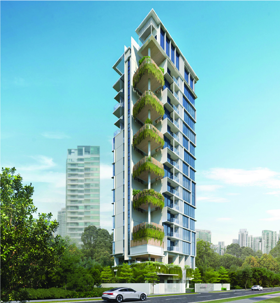 Tall modern apartment building with stacked green balconies along a blue glass façade urban street scene.