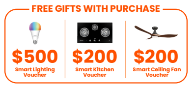 Promo banner offering free gifts with purchase: $500 Smart Lighting Voucher, $200 Smart Kitchen Voucher, and $200 Smart Ceiling Fan Voucher.
