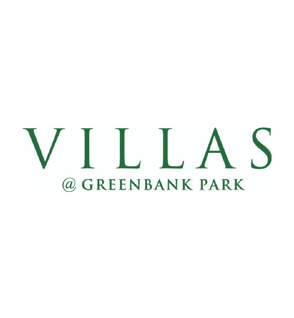 Logo reading 'VILLAS @ GREENBANK PARK' in green serif font on white background.