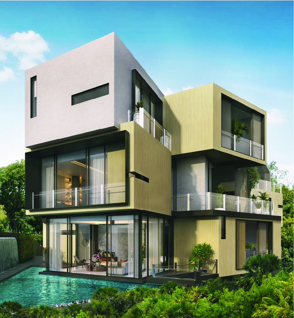 Modern multi-story house with glass walls, beige and gray panels, balconies, and a pool in the front yard.