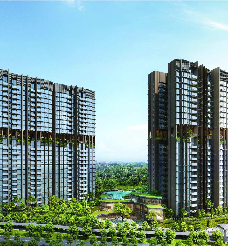 Two tall modern glass apartment towers with green terraces, surrounded by landscaped gardens and a central pool area.