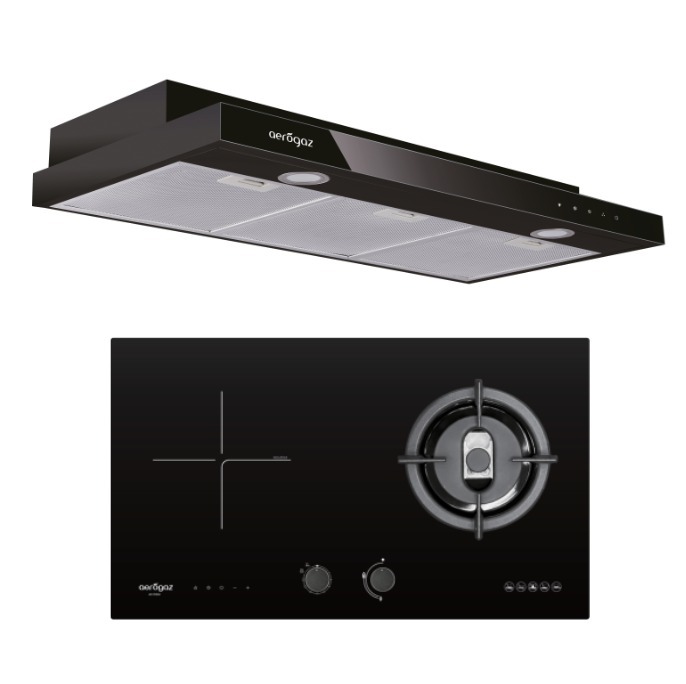 Black wall-mounted range hood with a metallic underside paired with a black glass gas cooktop featuring one burner and two control knobs (AeroGaz). Enable concise kitchen appliance set image.