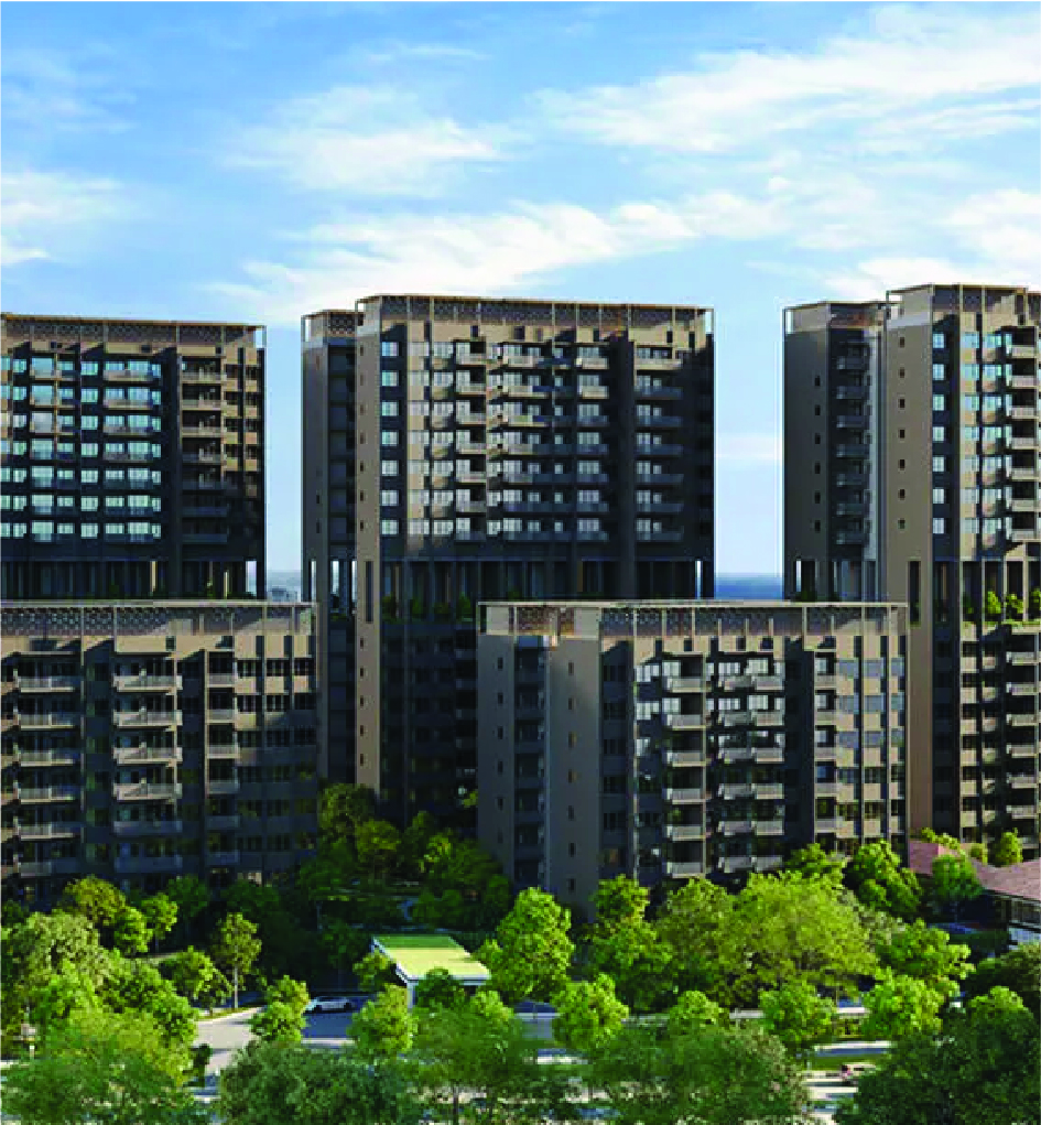 Row of tall modern apartment buildings with balconies, surrounded by green trees and a blue sky behind them, in a residential complex.