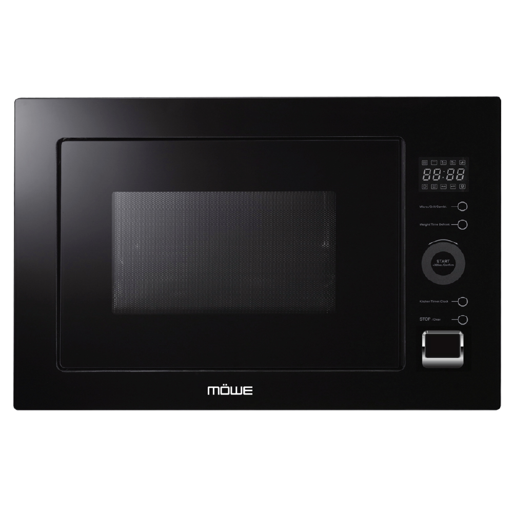 Black microwave oven with a glass window door and a right-side control panel featuring a digital display and a round Start knob.