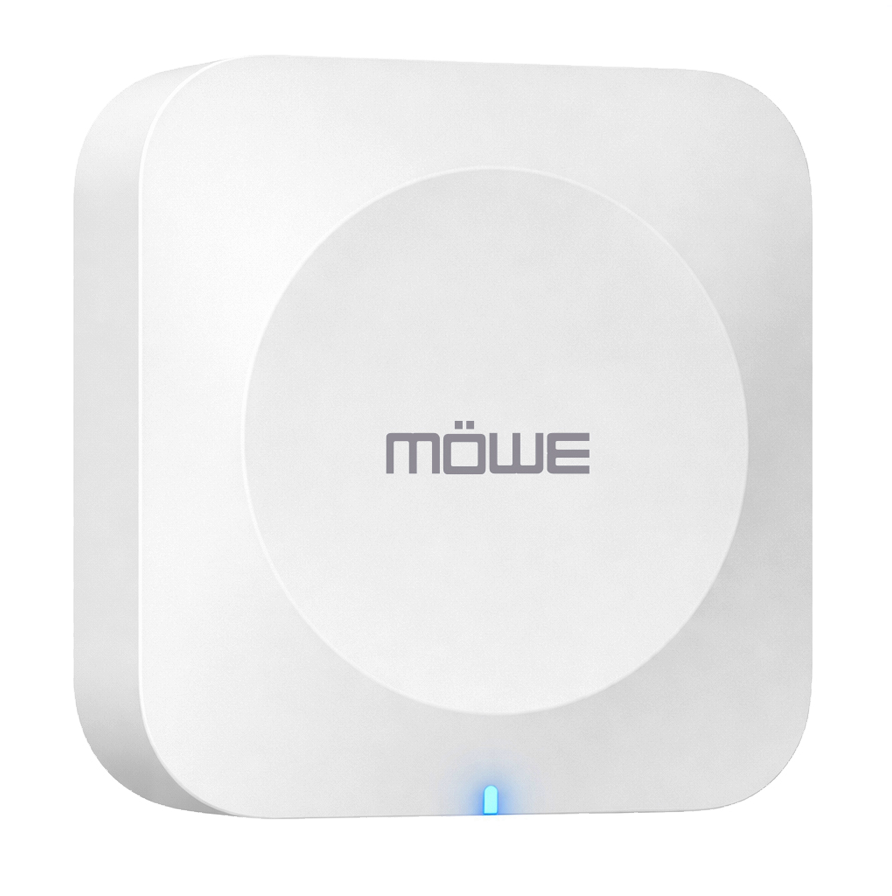 White square smart device with rounded corners, a central circular dial, Möwe logo, and a blue LED at the bottom edge.