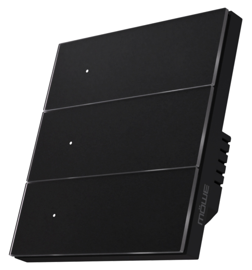 Three-panel black modular device shown from the side at an angle, with small white dots on each panel and a ridged right edge.