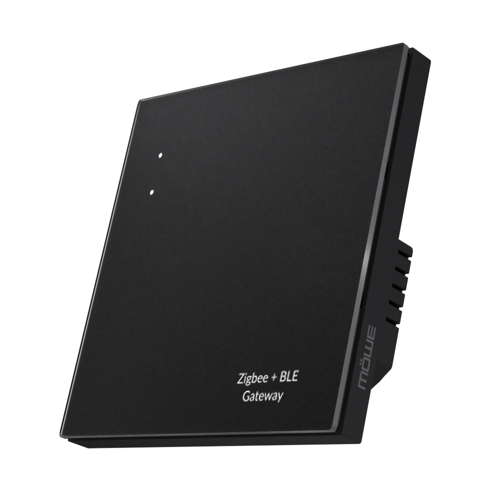 Black Zigbee + BLE gateway hardware with a slanted square body and subtle branding on the side.