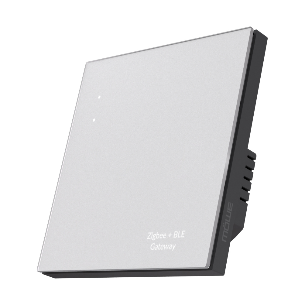 Silver Zigbee + BLE gateway device with a dark angled base, showing the label 'Zigbee + BLE Gateway' on the front.