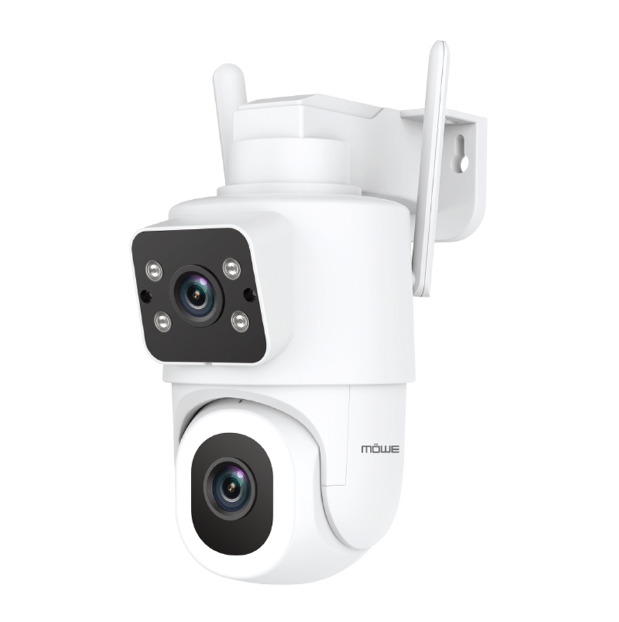 White dual-lens security camera mounted on a wall bracket for outdoor surveillance.