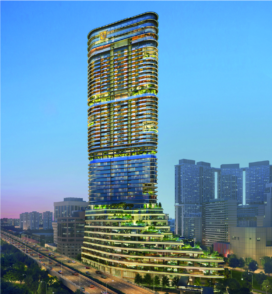 Tall twisting glass skyscraper with terraces and greenery, surrounded by a city and roads at dusk.