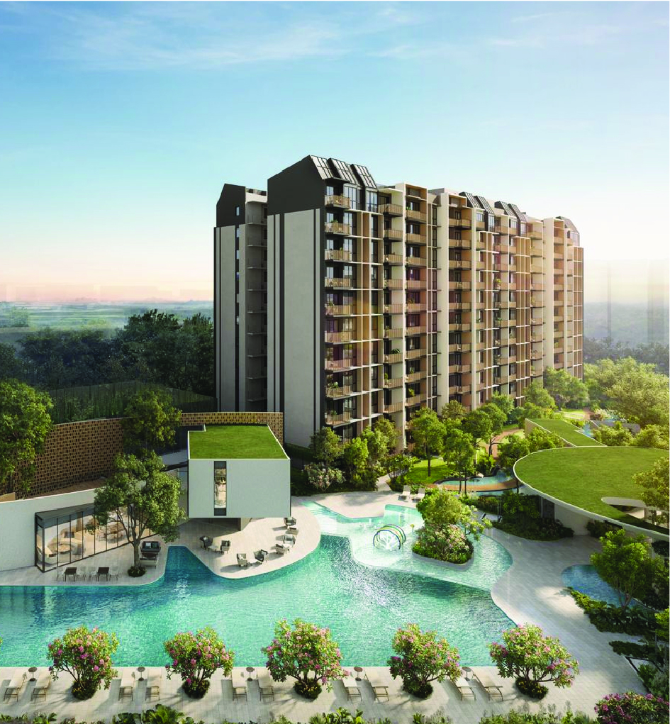 Modern apartment complex with a winding pool, loungers, and lush landscaping in the foreground.