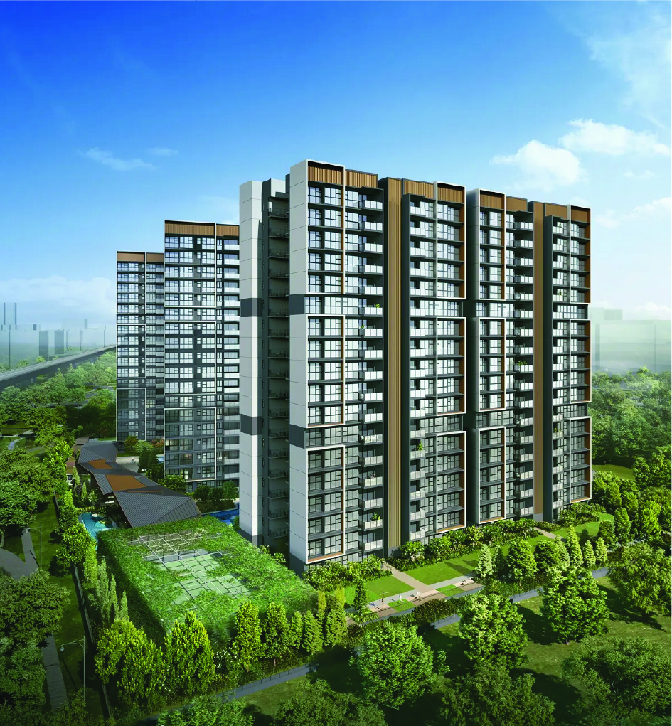 Rendering of a modern multi-tower residential complex surrounded by trees and green space.