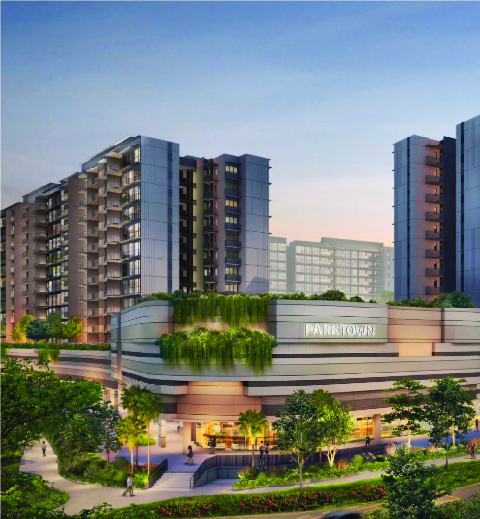 Rendering of a modern mixed-use complex with tall residential towers, green terraces, and a retail podium labeled 'PARKTOWN' at dusk.