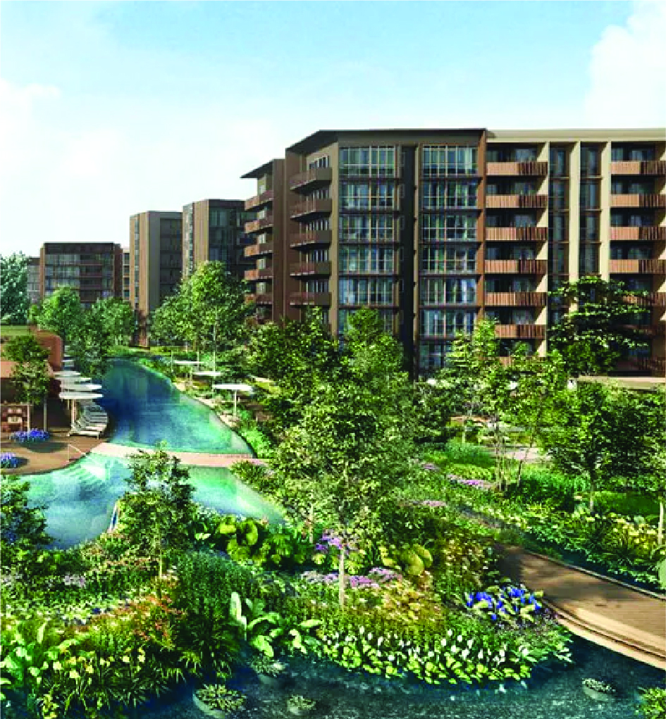 Modern apartment buildings with glass balconies overlooking a winding landscaped canal and lush green gardens.