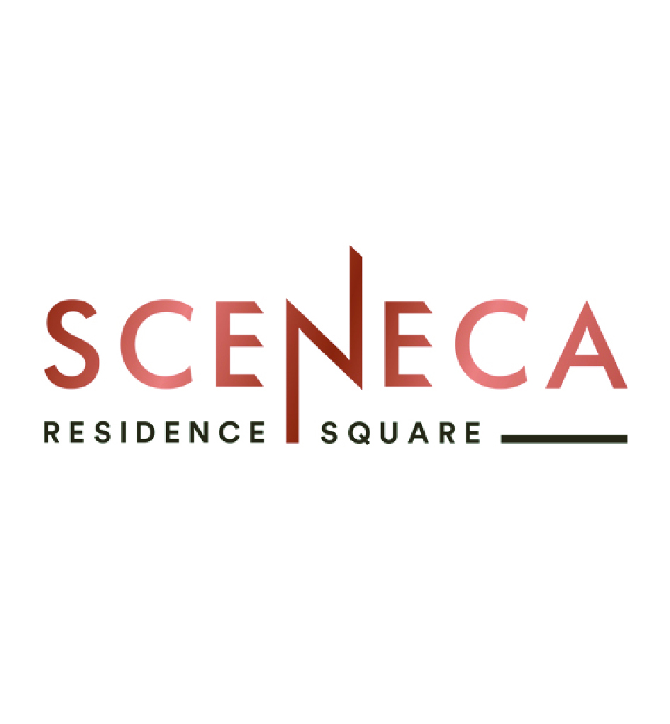 SCENECA Residence Square logo with a red gradient wordmark and a vertical divider between S etc., plus small 'Residence Square' text underneath.