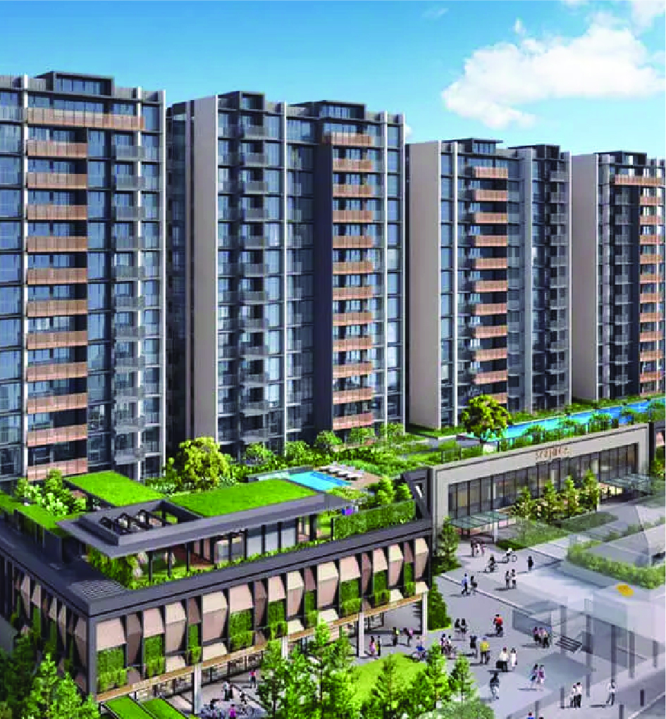 Modern residential complex with tall glass towers, rooftop gardens, and a bustling plaza below.
