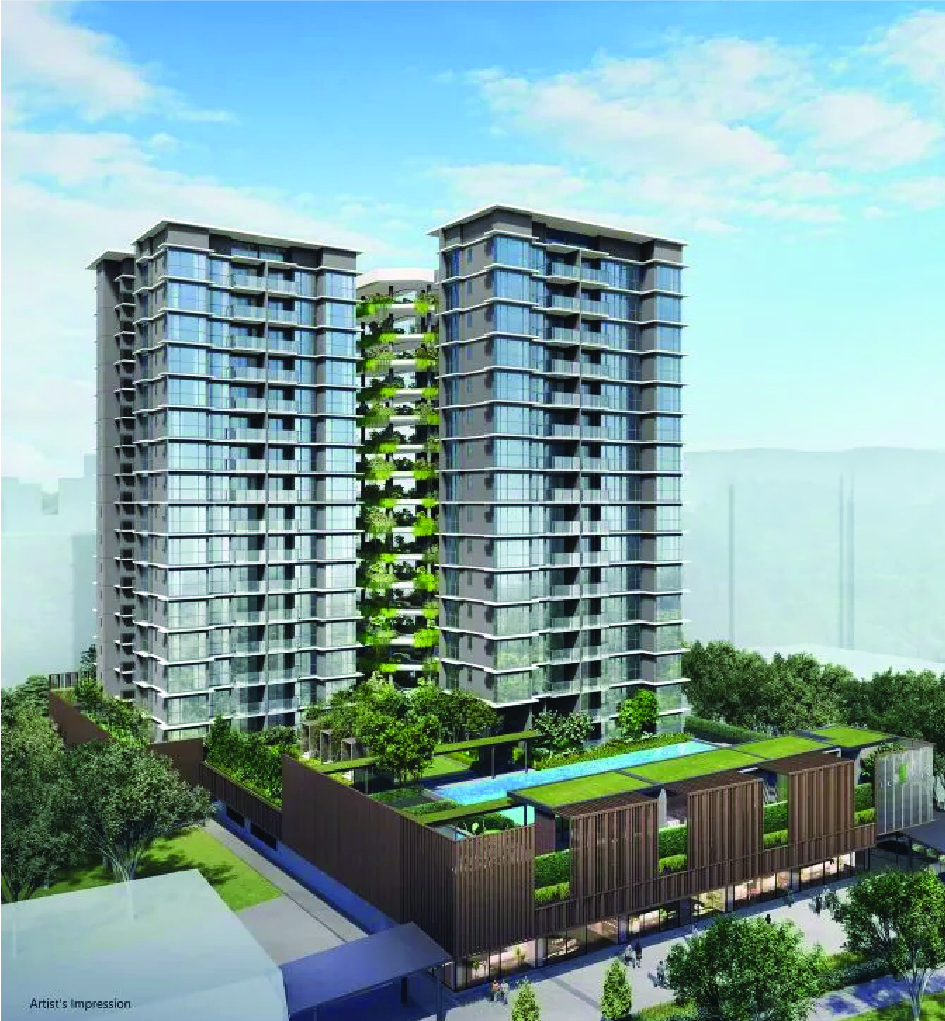 Artist's impression of eco-friendly twin towers with a vertical garden and pool on the podium
