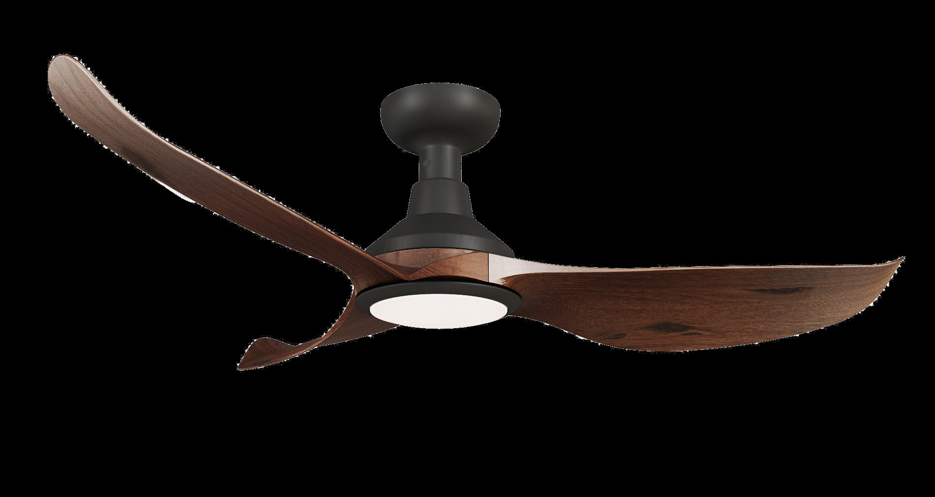 Wooden ceiling fan with three curved blades and a central light fixture