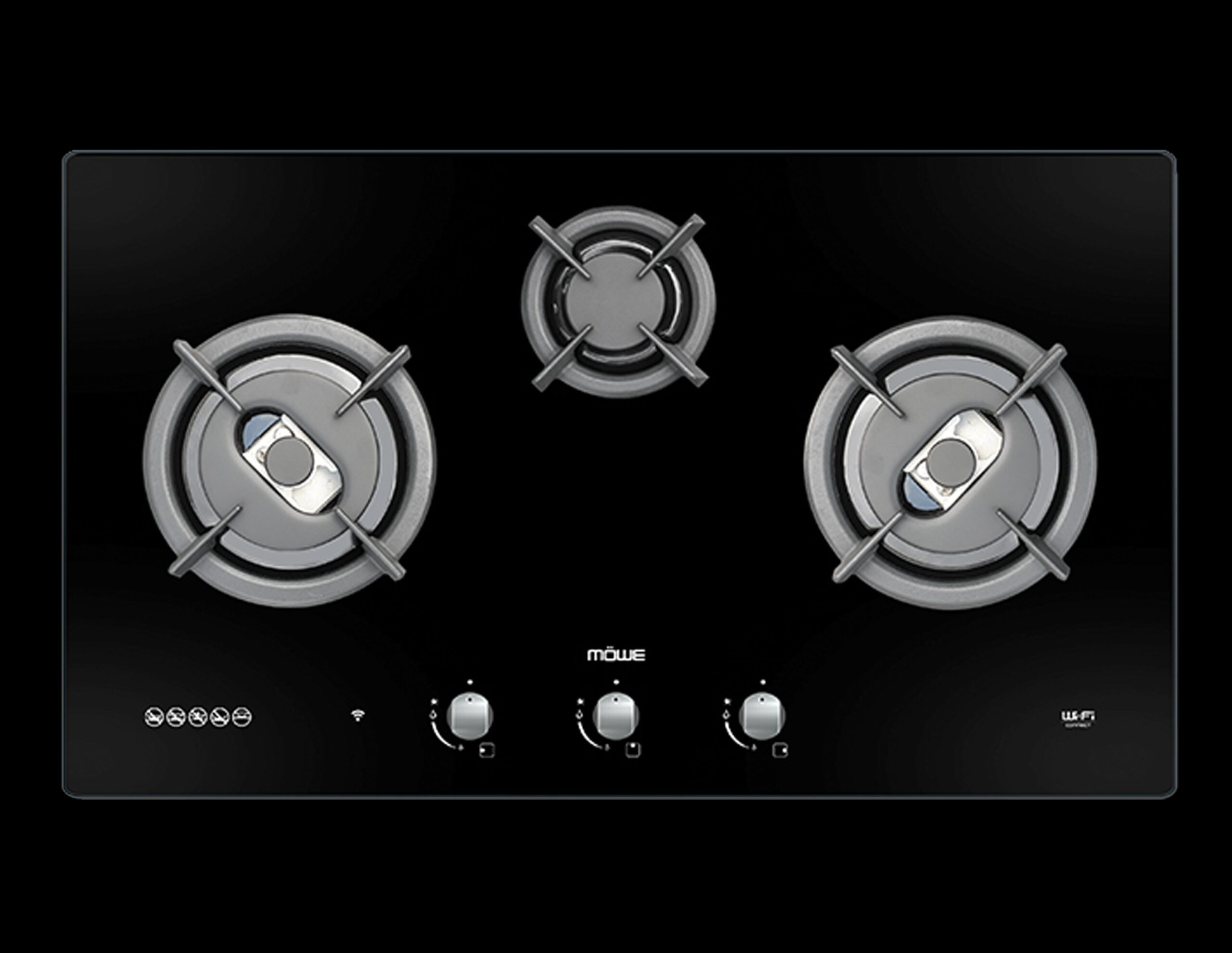 Black glass gas cooktop with three burners and metal grates; center burner smaller, two larger burners on sides; Möwe logo visible at bottom.