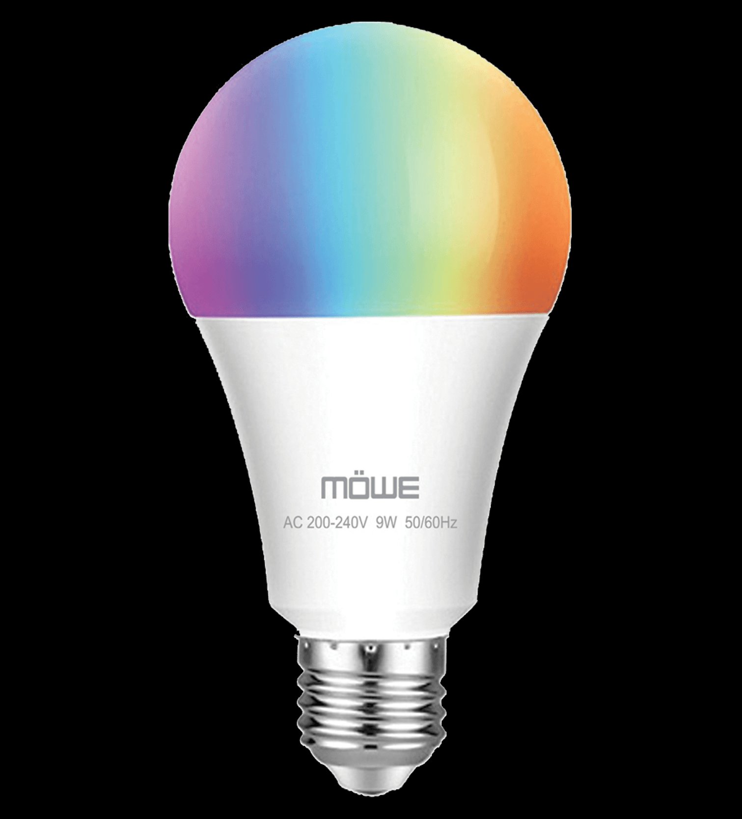Rainbow-tinted LED light bulb with a white base, set against a black background, branding visible on the base.