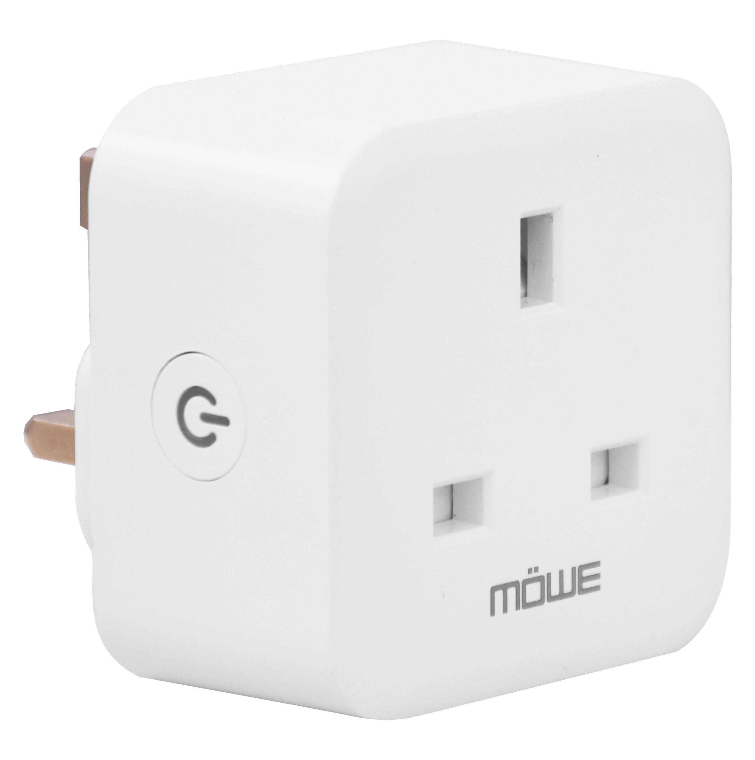 Close-up of a white plastic electronic device with rounded top edges, a brown tab on the left, and the partially visible label 'MOVE' at the bottom right.