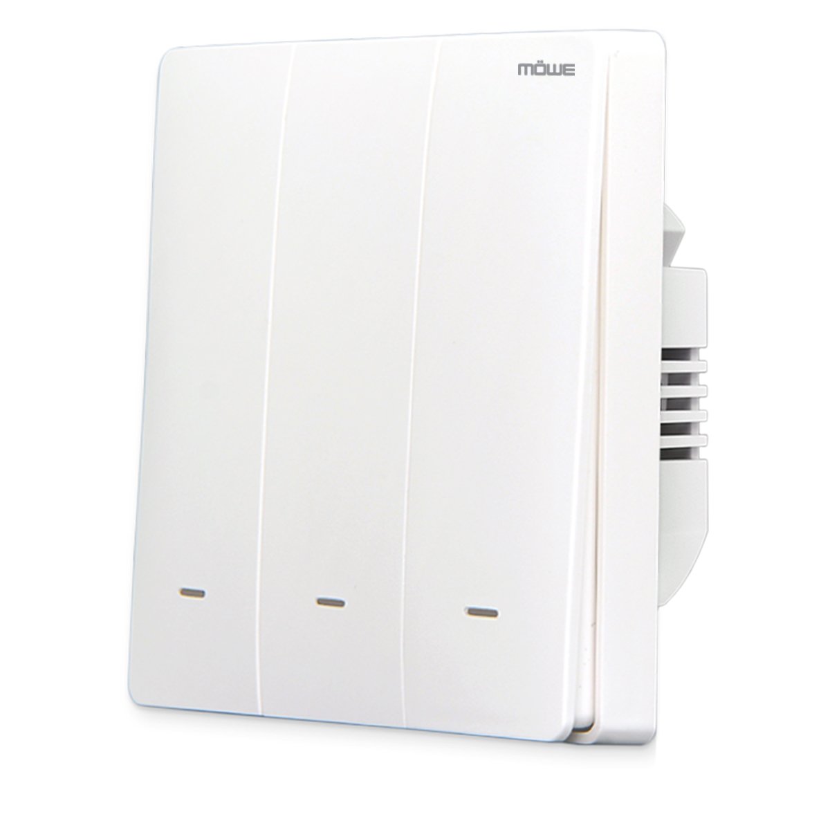 White triple rocker light switch panel with three vertical switches and a small Möwe logo in the top corner