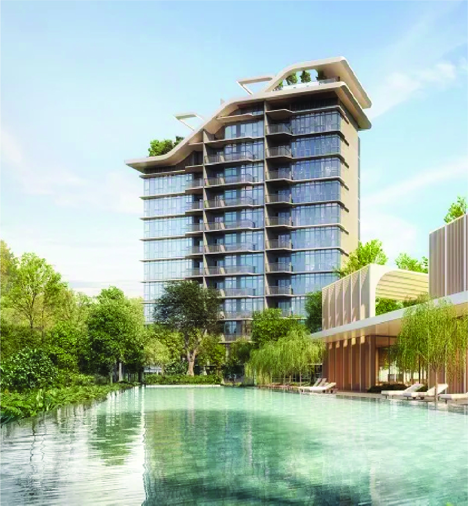 Modern glass-fronted hotel building with balconies beside a large pool and green landscaping.