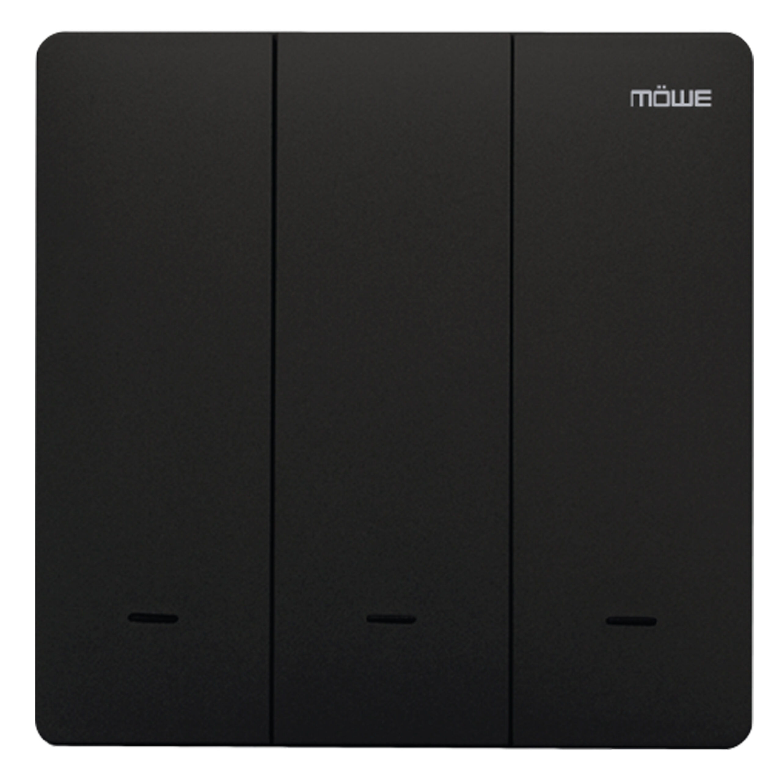 Close-up of a black, three-panel surface with rounded corners and a white Möwe logo on the right panel.