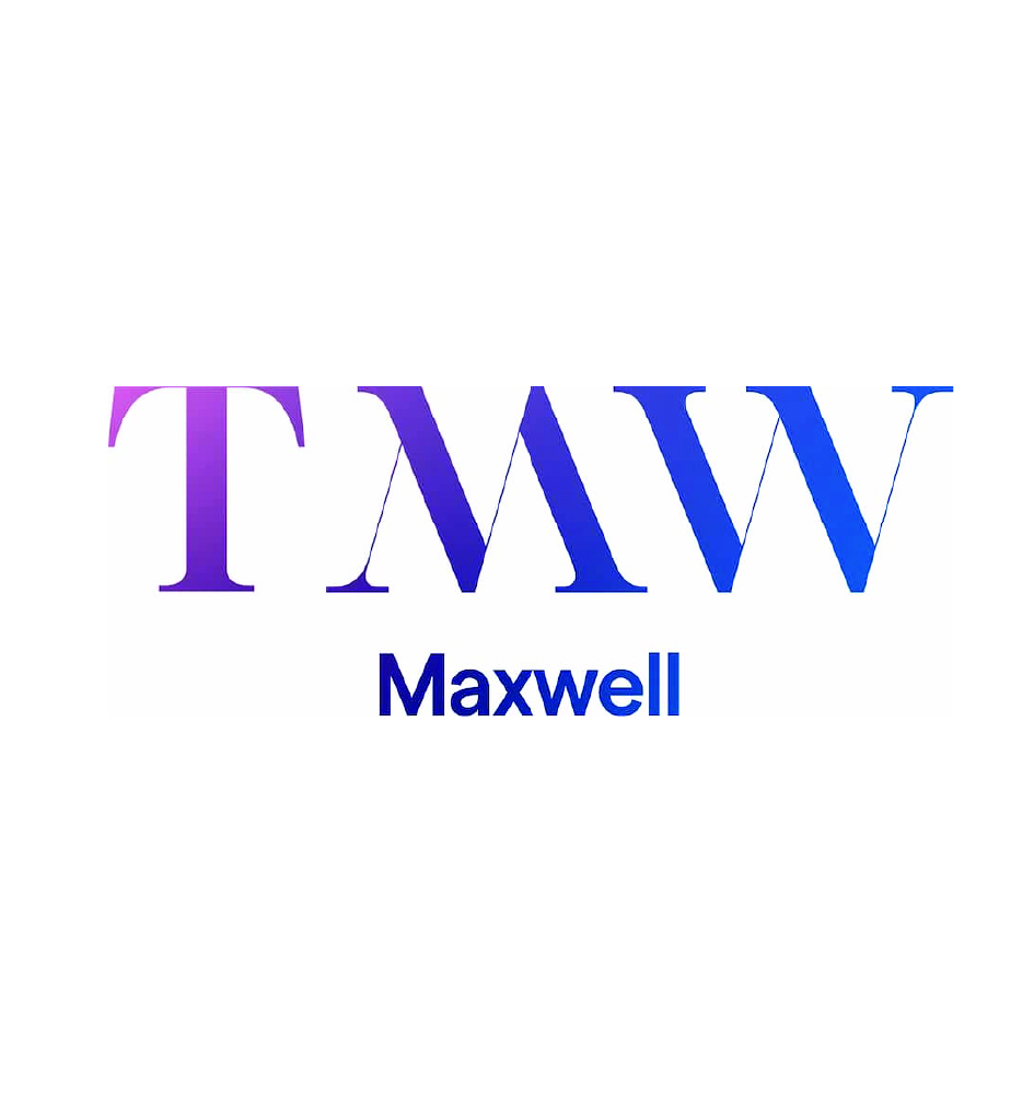TMW Maxwell logo with gradient purple-to-blue letters, showing a large 'TMW' above the word 'Maxwell' in blue