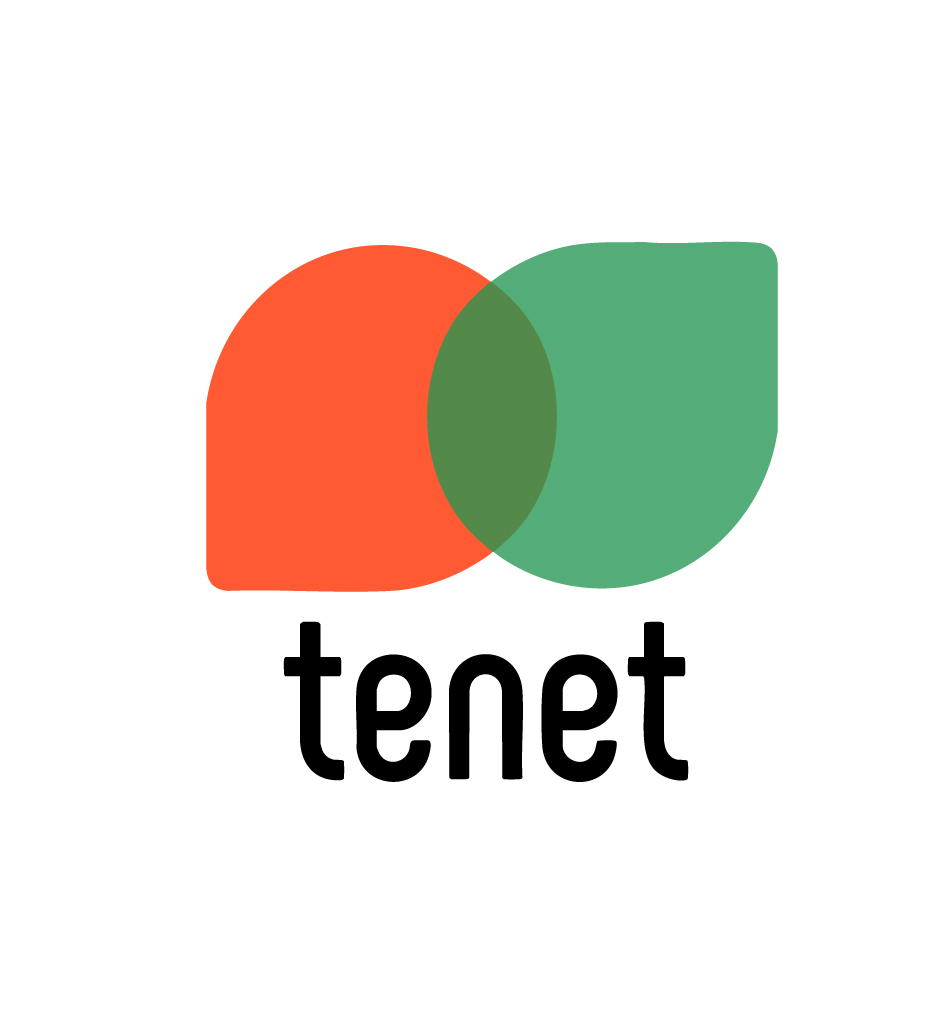 Tenet logo: overlapping orange and green shapes above the word ‘tenet’ in black text