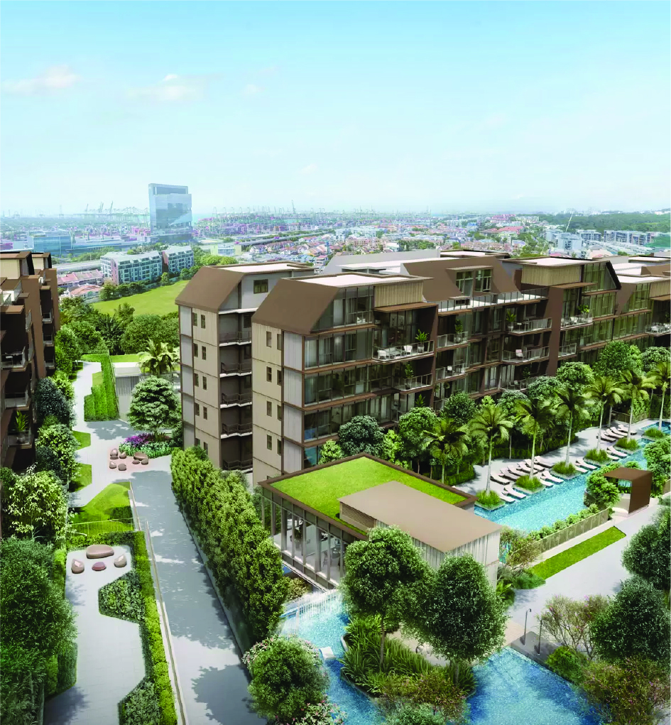 Aerial view of a modern apartment complex with green courtyards, a blue pool, and palm-lined walkways. In the distance, city buildings rise under a clear blue sky.