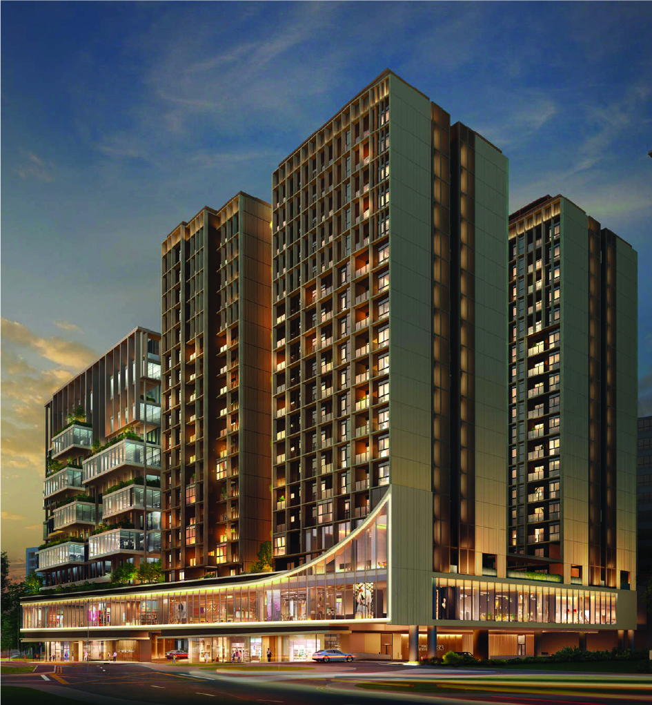 Modern mixed-use high-rise with a curved glass retail podium and residential towers at dusk.