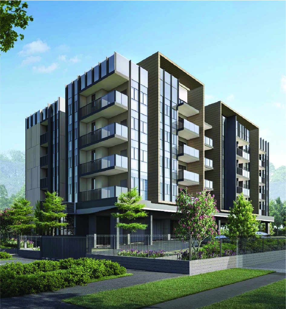 Modern multi-story apartment building with glass balconies and landscaped front yard