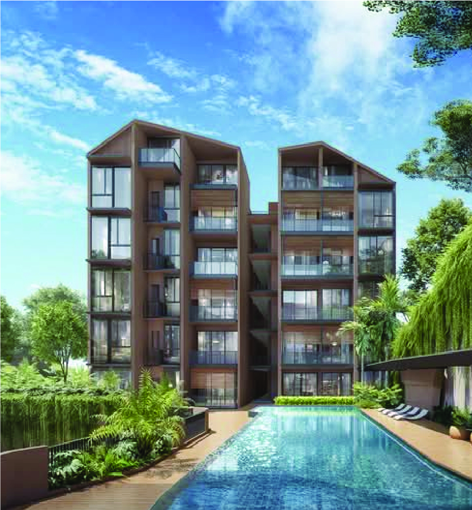 Modern apartment building with balconies surrounding a long outdoor pool; clear blue sky and lush greenery frame the scene.