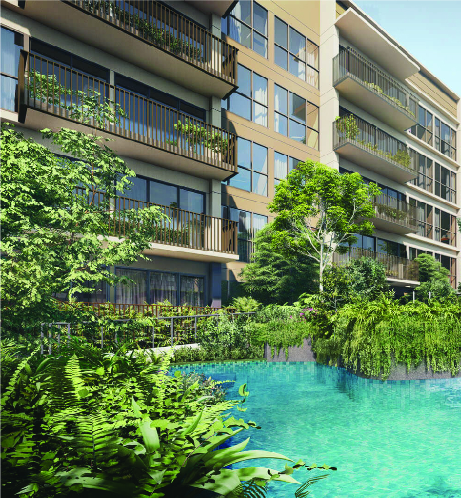 Modern apartment building with balconies surrounding a turquoise swimming pool and lush greenery in the courtyard.