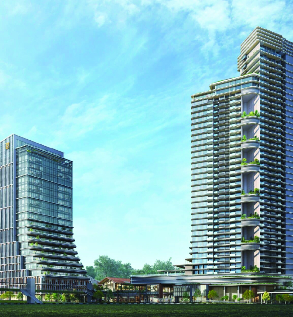 Two modern glass high-rises with greenery on terraces against a bright blue sky in an urban plaza backdrop.