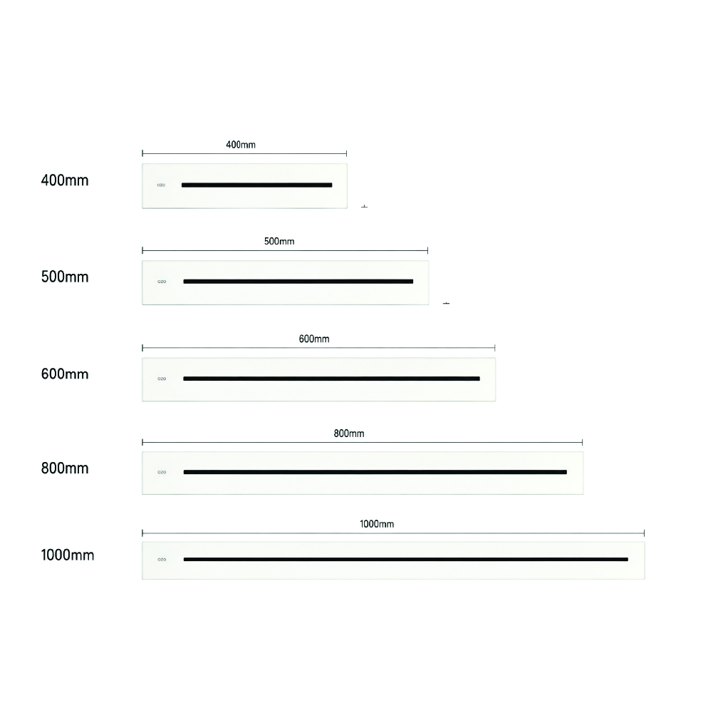 Five beige rectangular panels with black horizontal bars, labeled widths 400mm, 500mm, 600mm, 800mm, and 1000mm.