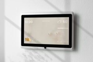 Wall-mounted smart display showing time (10:00) and current weather (50°F) with a calendar/music widget on screen