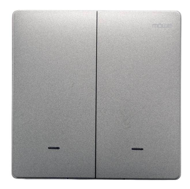 Two-gang metal wall light switch plate with a brushed silver finish.