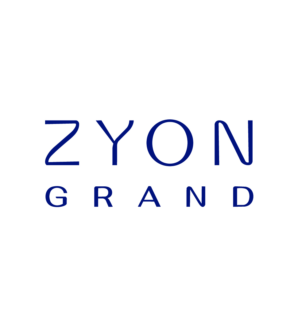 ZYON GRAND logo in dark blue, two-line wordmark on white background